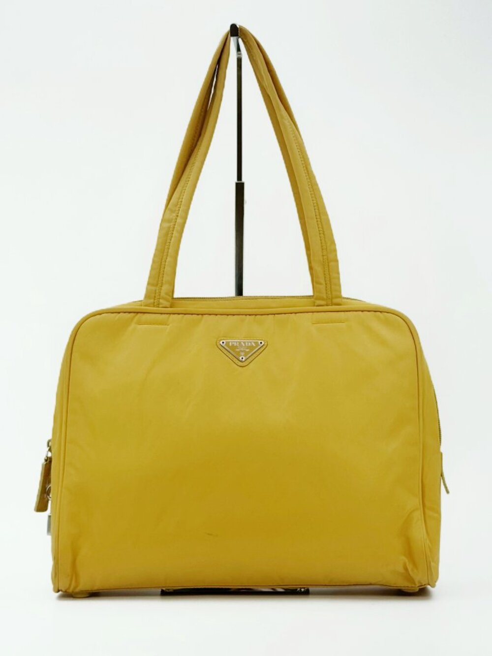 Vintage Prada Tessuto Nylon Mustard Yellow Shoulder Tote Bag Triangle Logo Italy
